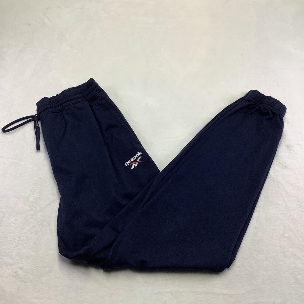 Reebok Sweatpants Mens Medium Navy Blue Reecycled Joggers Elastic Waist Logo